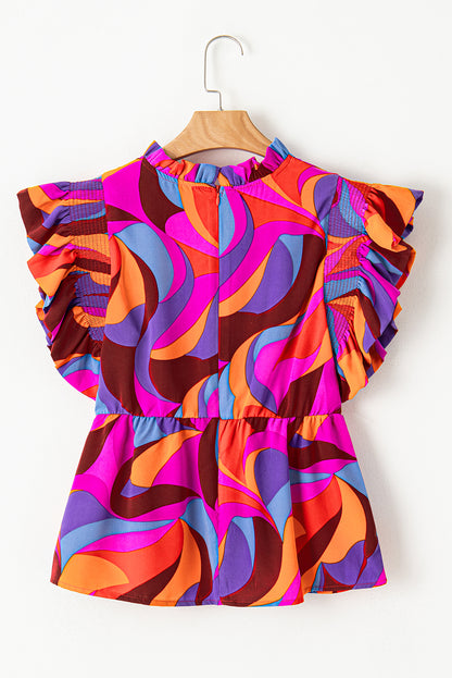 Abstract Print Flutter Sleeve Peplum Blouse | Orange