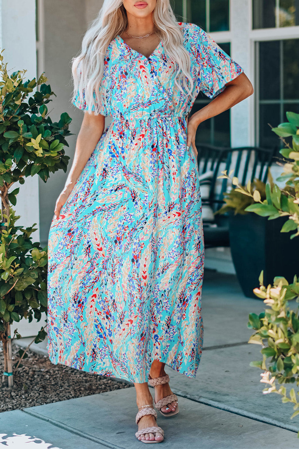 Wrap V Neck Floral Maxi Dress | Green