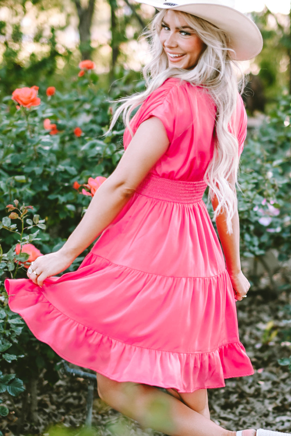 Ruched Sleeve V Neck Smock Waist Tiered Ruffled Dress | Strawberry Pink