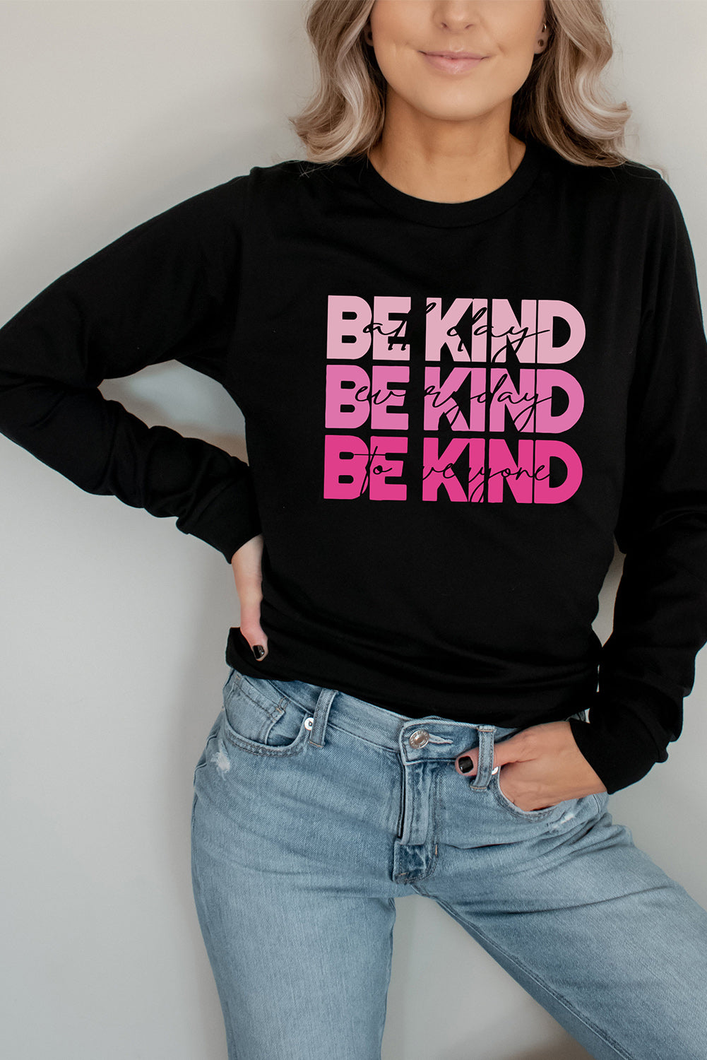 Be Kind Letter Print Crew Neck Pullover Sweatshirt | Black