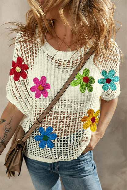 Crochet Flower Hollow-Out Sweater T Shirt | White