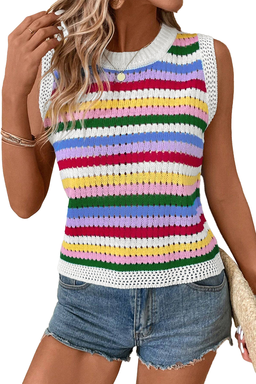 Striped Knitted Eyelet Slim Sweater Vest | Multicolour