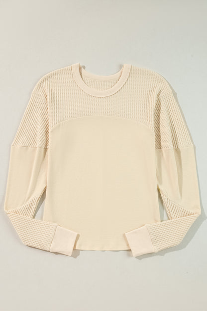 Thermal Knit Patchwork Exposed Seam Long Sleeve Top | Beige