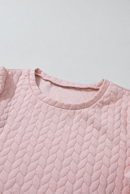 Cable Textured Puff Sleeve Sweatshirt | Light Pink