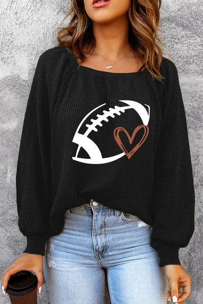 Black Rugby Football Print Square Neck Puff Sleeve Waffle Top