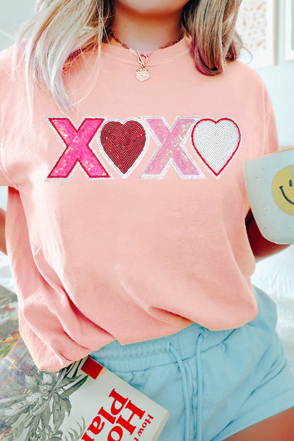 Pink Sequin Heart XOXO Patched Graphic Valentines T Shirt