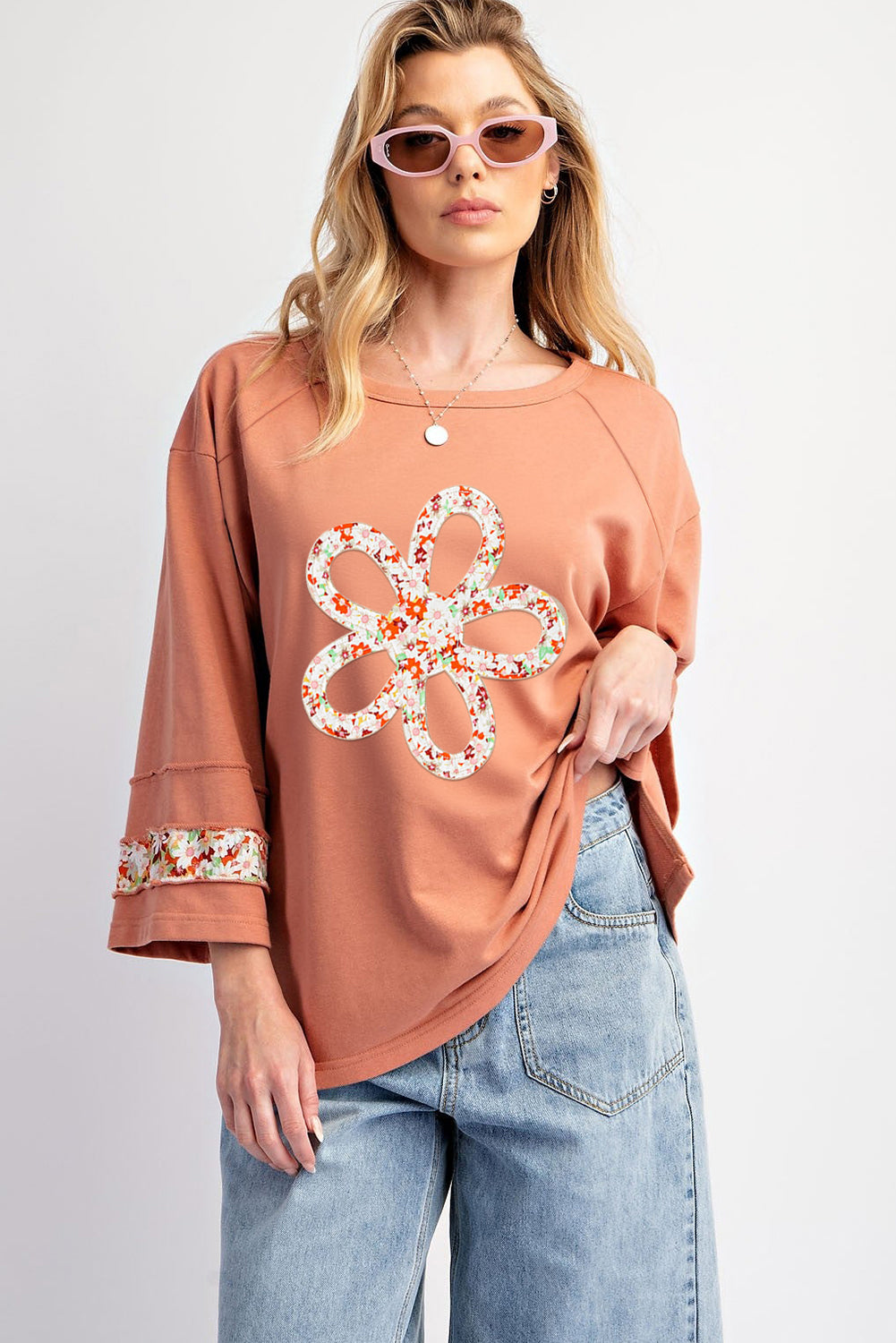 Flower Patch Graphic Exposed Seam Wide Sleeve Top | Grapefruit Orange