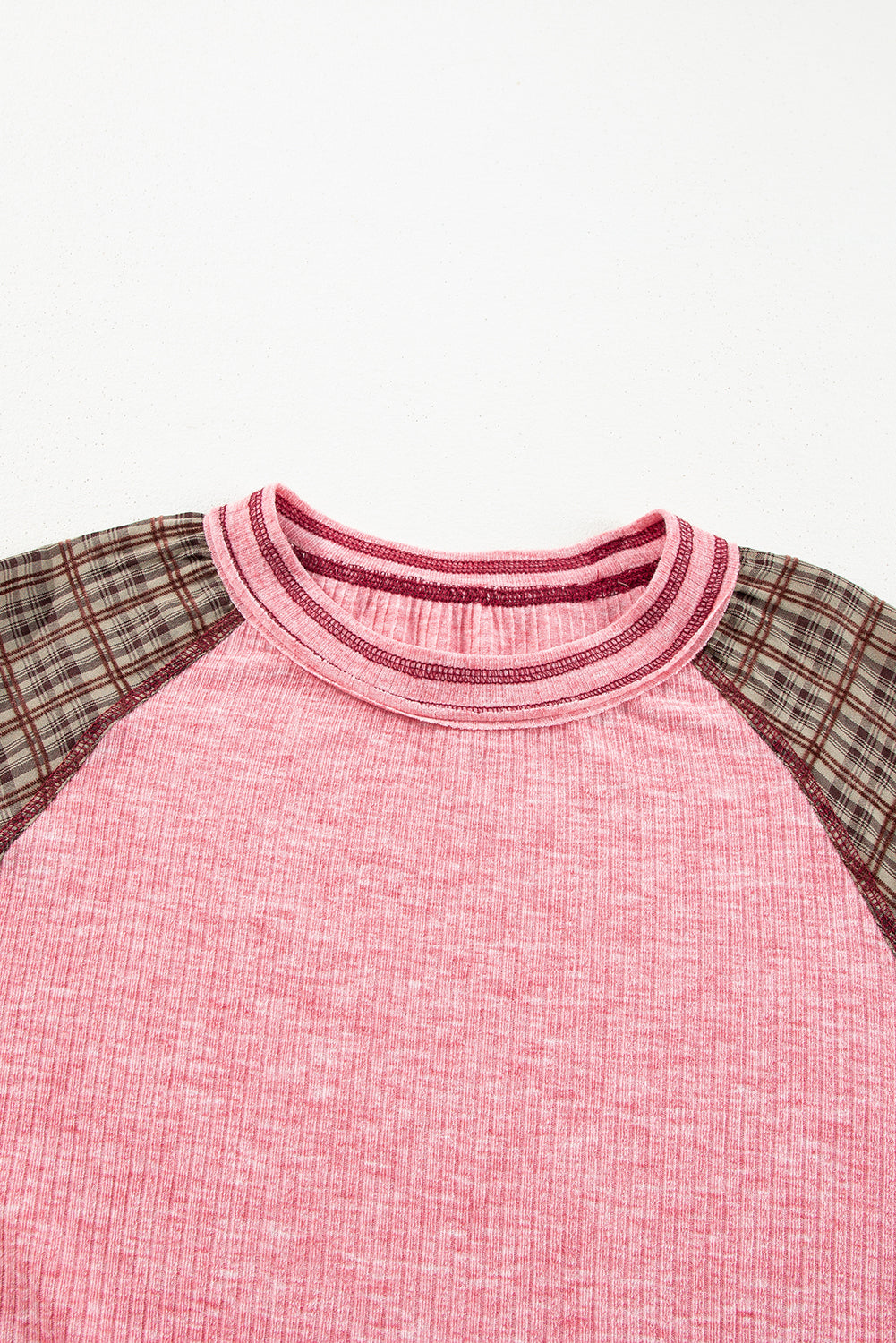 Mixed Print Raglan Sleeve Ribbed Knit Patchwork Blouse | Fushia