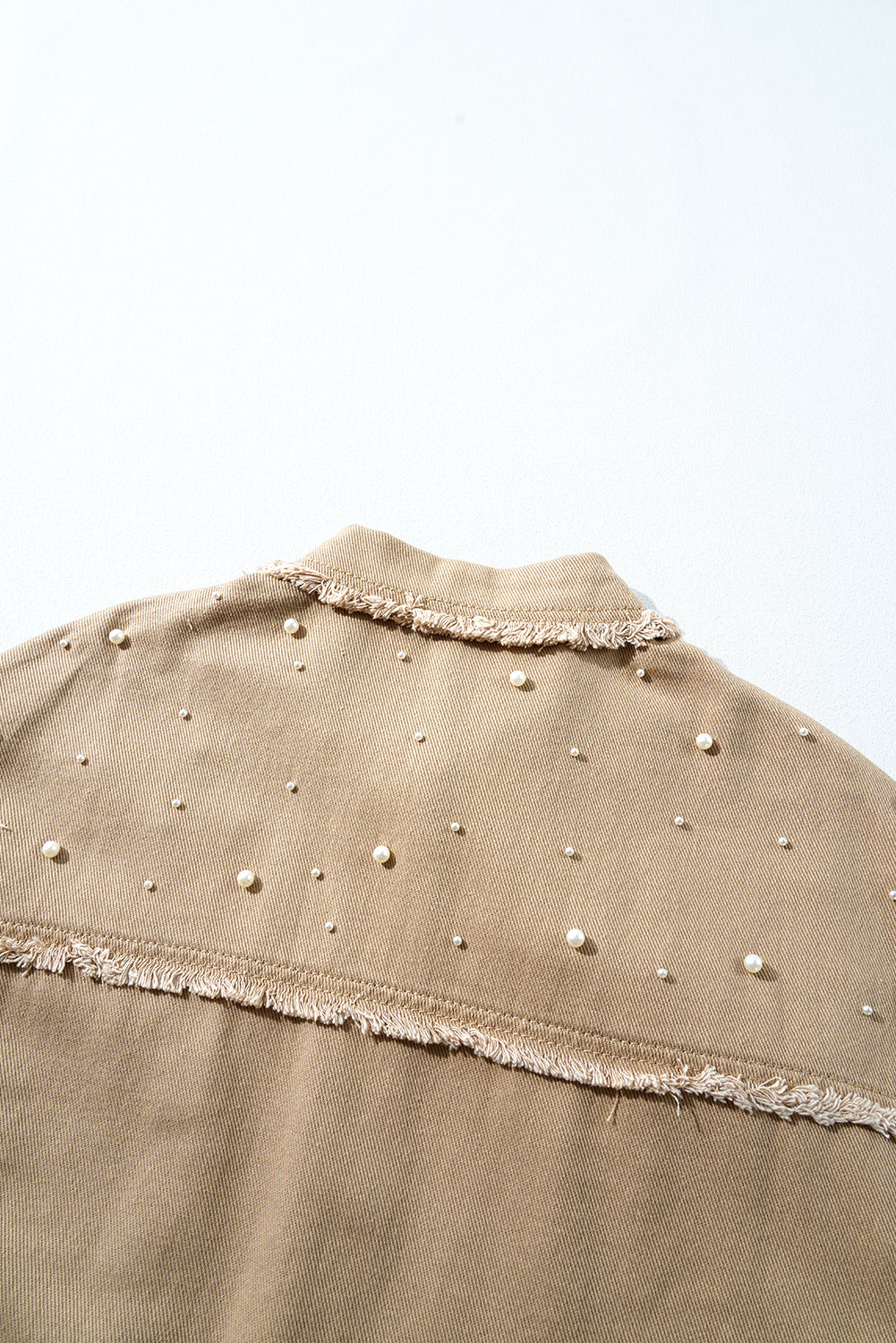 Pearl Beaded Raw Hem Button Up Denim Jacket | Khaki