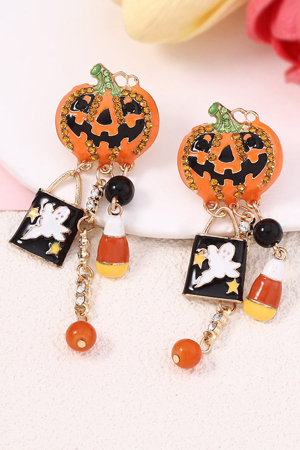 Halloween Rhinestone Pumpkin Ghost Tassel Earrings | Orange