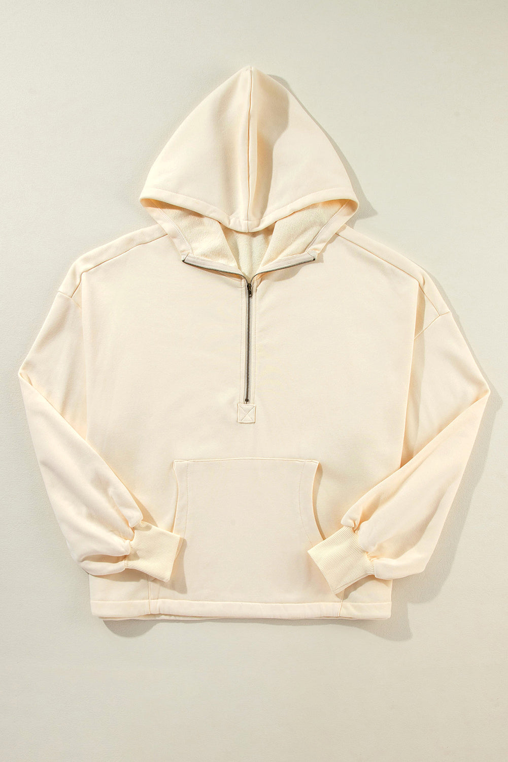 Fleece Lined Half Zipper Kangaroo Pockets Loose Hoodie | Beige