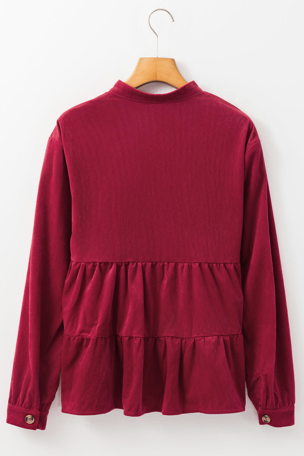 Corduroy Ruffle Tiered Buttoned O Neck Shirt | Burgundy