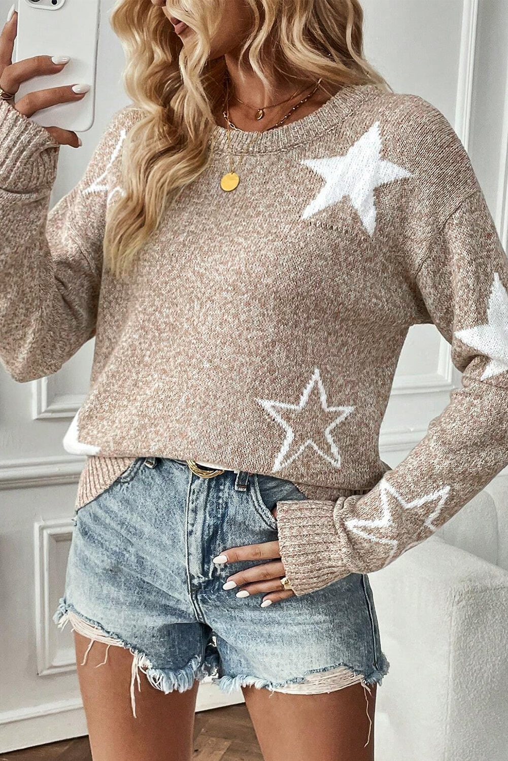 Star Pattern Drop Shoulder Sweater | Khaki