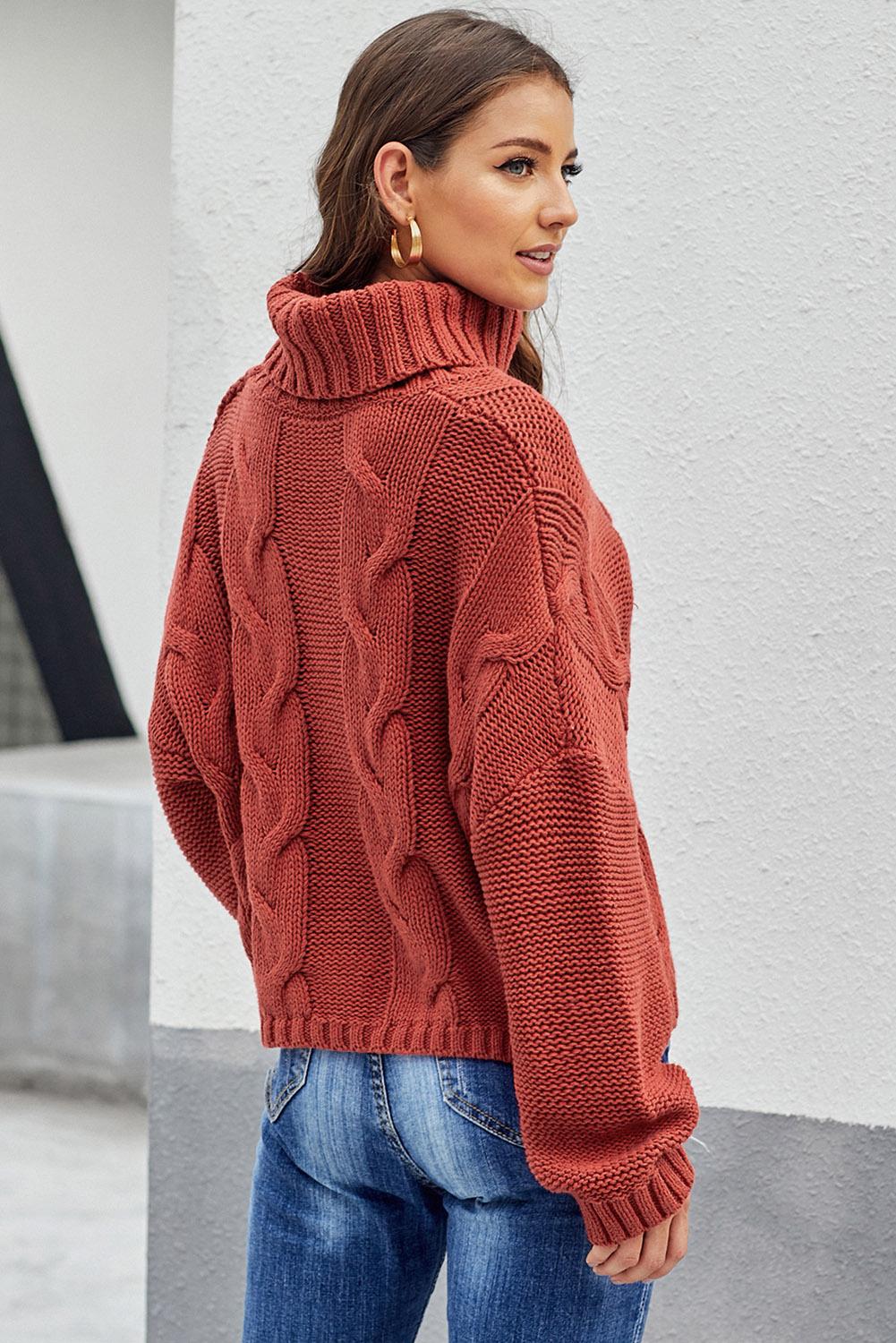 Fiery  Cuddle Weather Cable Knit Handmade Turtleneck Sweater | Red