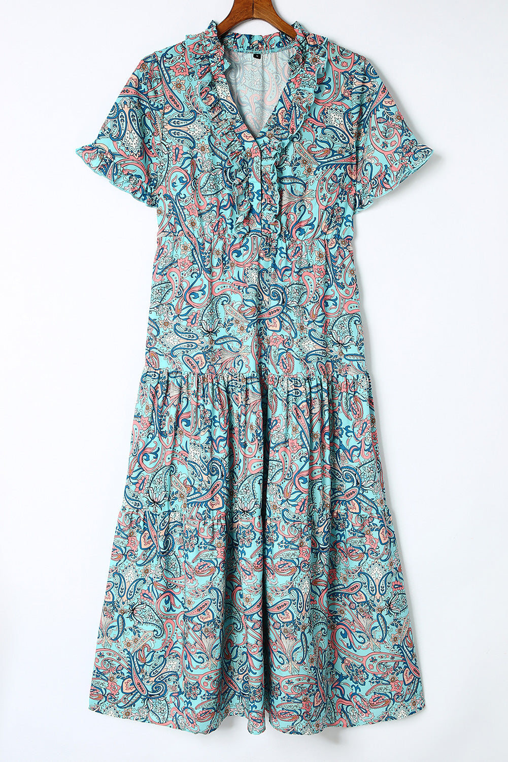 Paisley Print Boho Holiday Ruffle Tiered Maxi Dress | Sky Blue