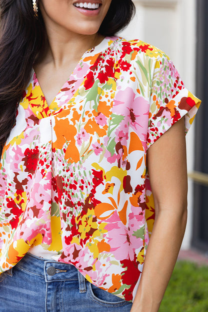 Boho Floral Print V Neck Short Sleeves Top | White