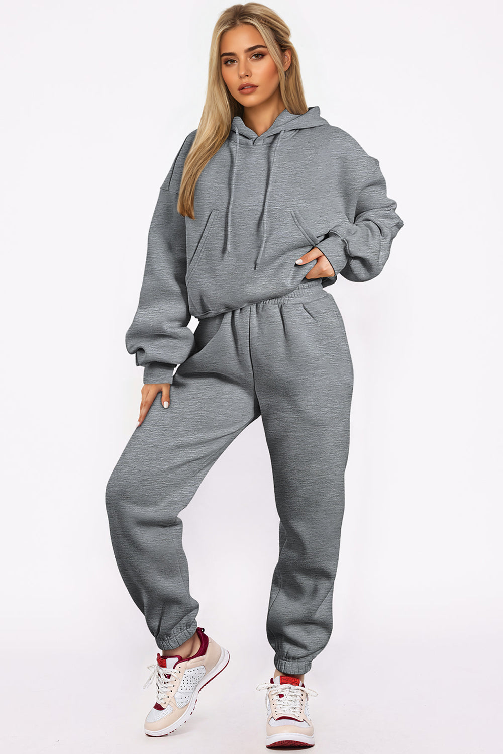 Solid Drop Shoulder Hoodie And Joggers Activewear Set | Gray