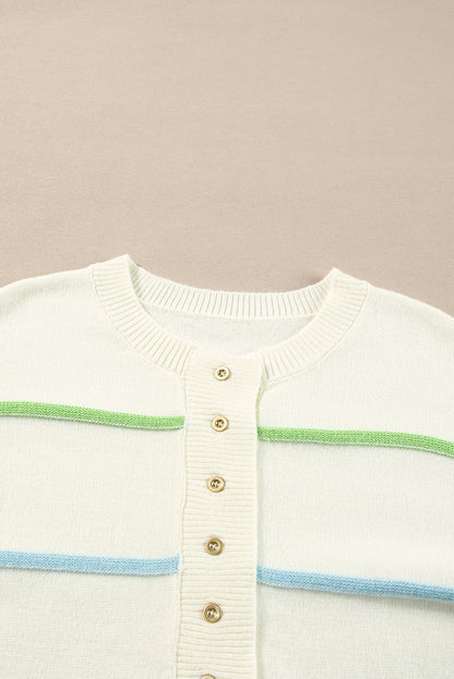 Rainbow Stripes Drop Shoulder Baggy Henley Sweater | White