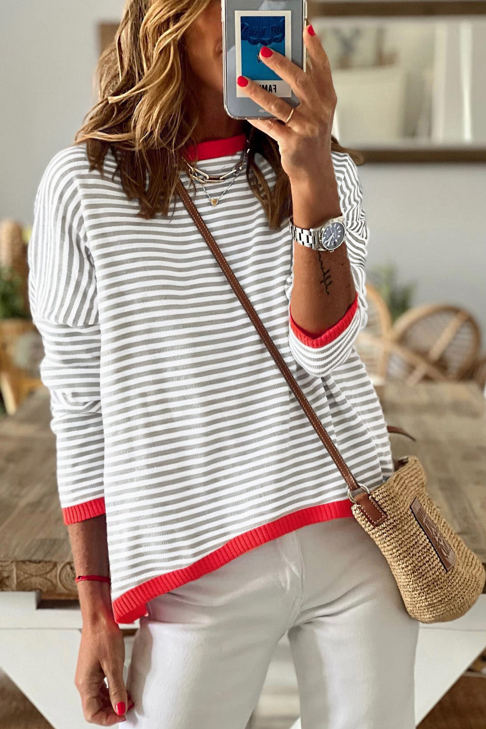 Contrast Trimmed Striped Drop Shoulder Sweater | Gray