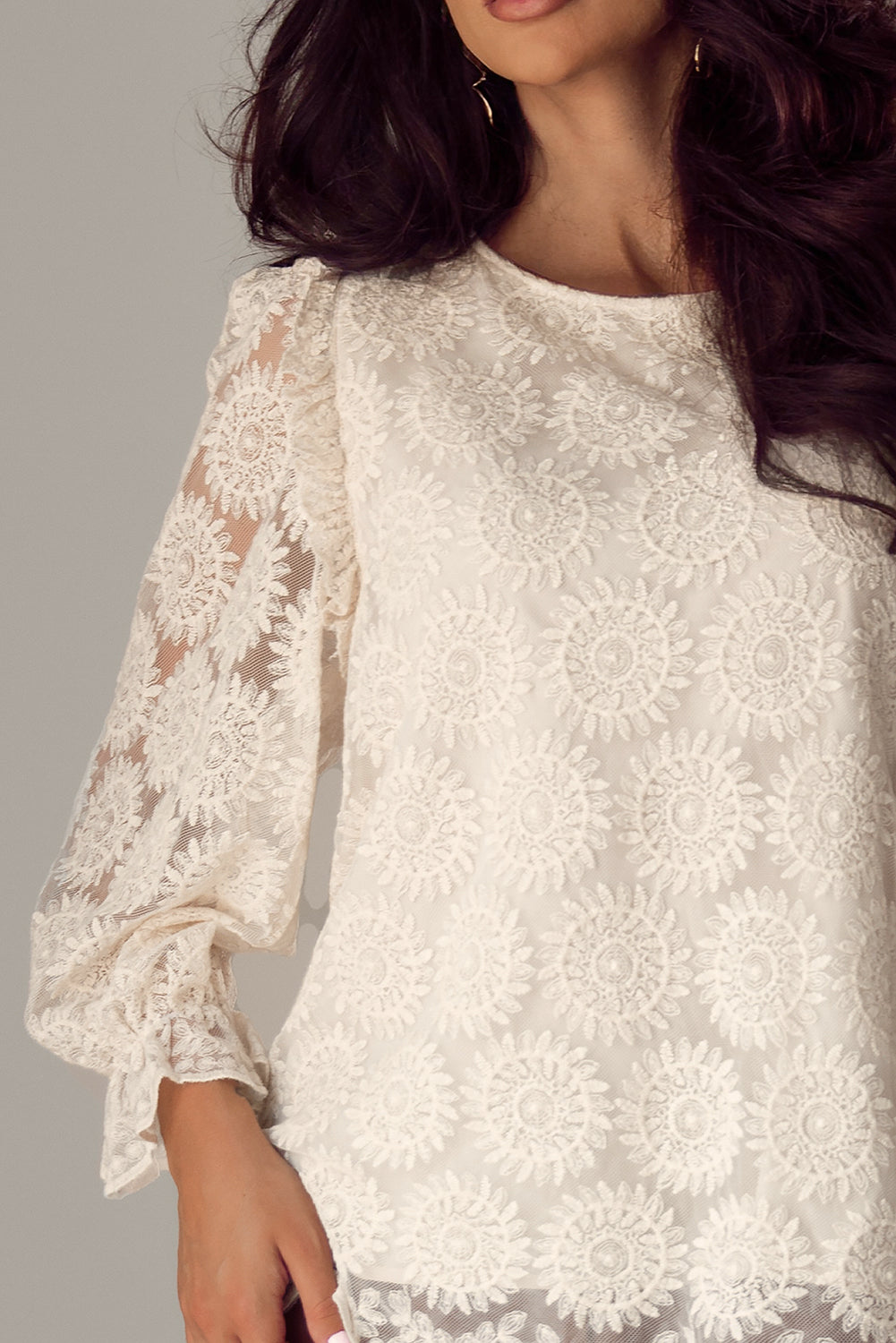 Flower Jacquard Button Back Ruffled 3/4 Sleeve Blouse | Oatmeal