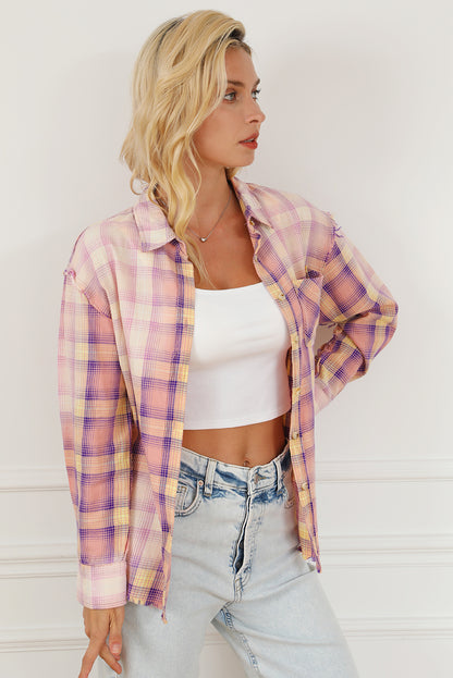 Bleached Plaid Print Exposed Seam Shirt | Purple