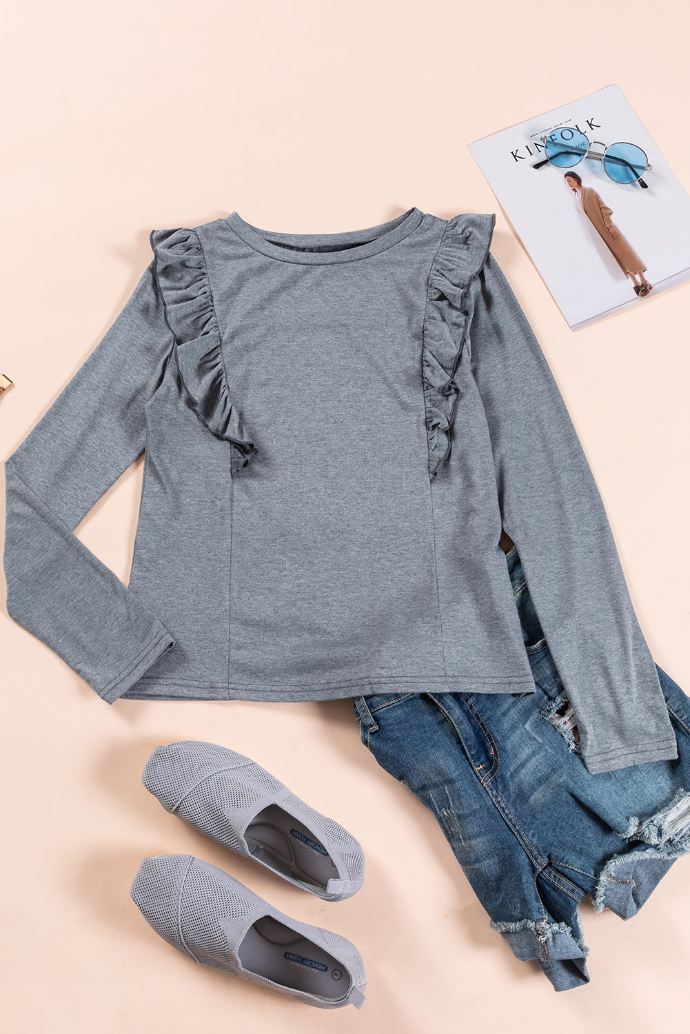 Solid Colour Ruffled Crew Neck Long Sleeve Top | Dark Grey