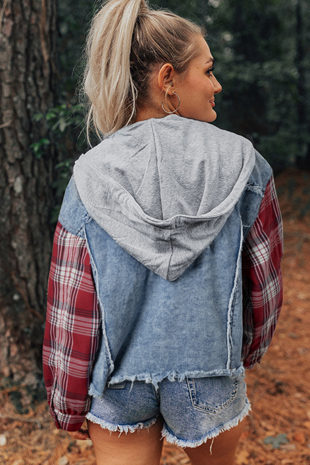 Plaid Print Patchwork Hooded Raw Hem Denim Jacket | Beau Blue