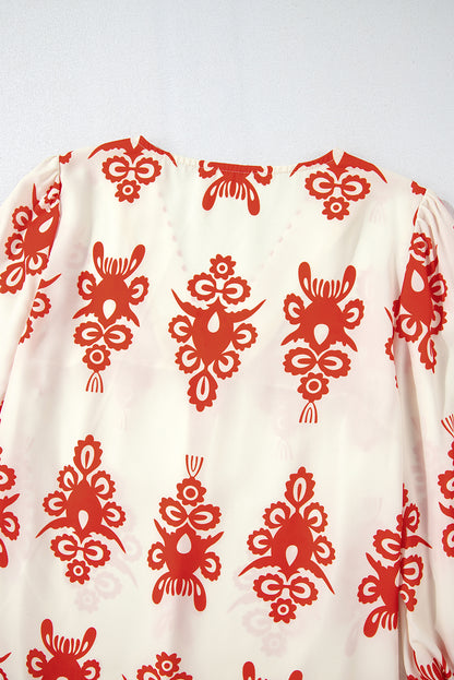 Vintage Geometric Printed 3/4 Sleeve V Neck Blouse | Orange