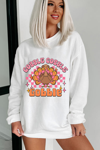 Gobble Gobble Turkey Graphic Crewneck Thanksgiving Sweatshirt | White