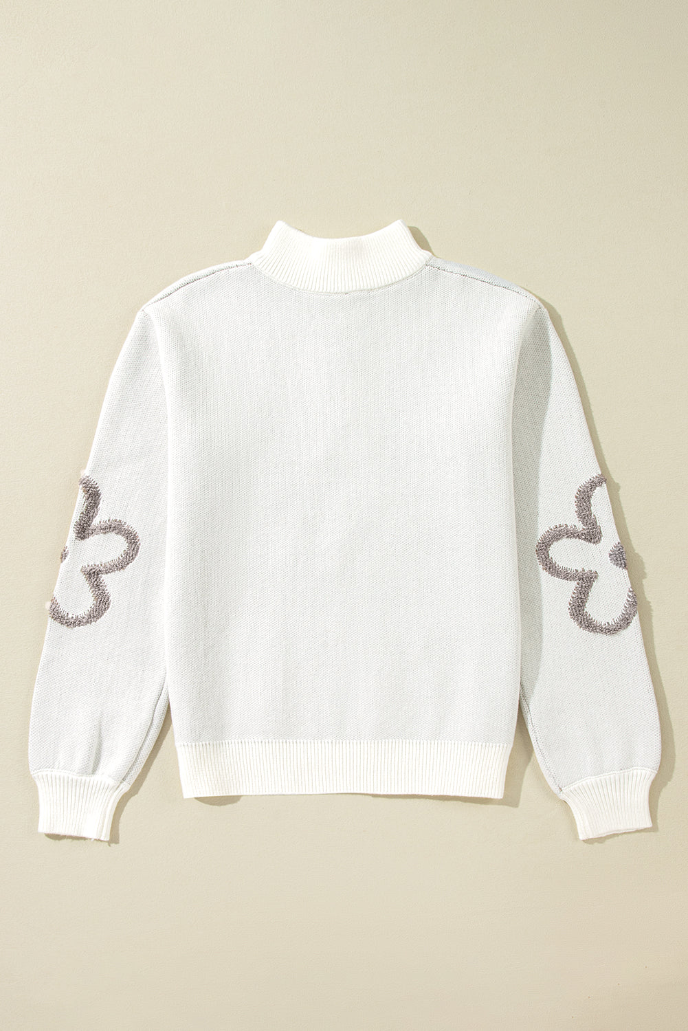 Contrast Flower Half Zipper Stand Neck Sweater | White