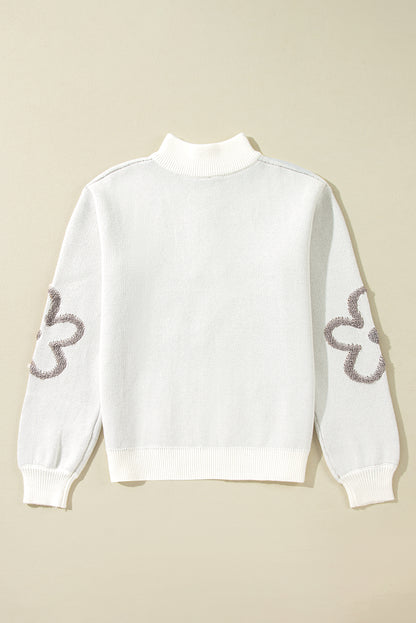 Contrast Flower Half Zipper Stand Neck Sweater | White