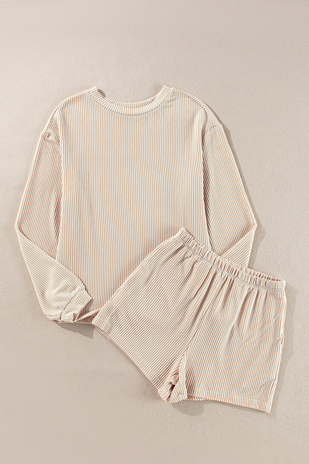 Corded Knit Long Sleeve Top And High Waist Shorts Set | Parchment