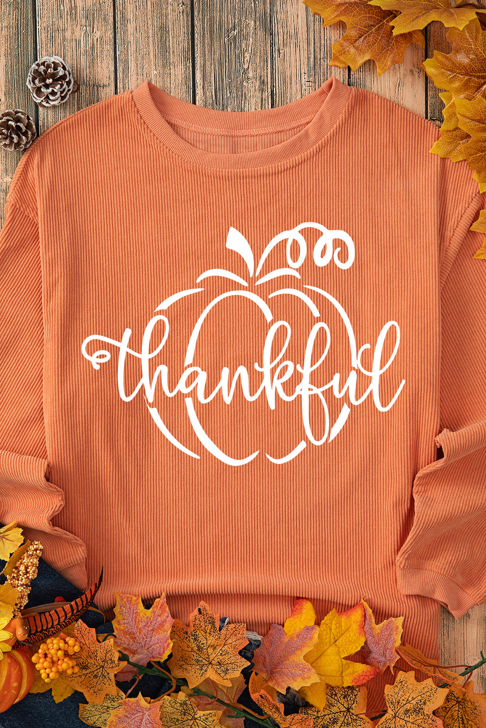 Pumpkin Thankful Graphic Corded Thanksgiving Sweatshirt | Orange