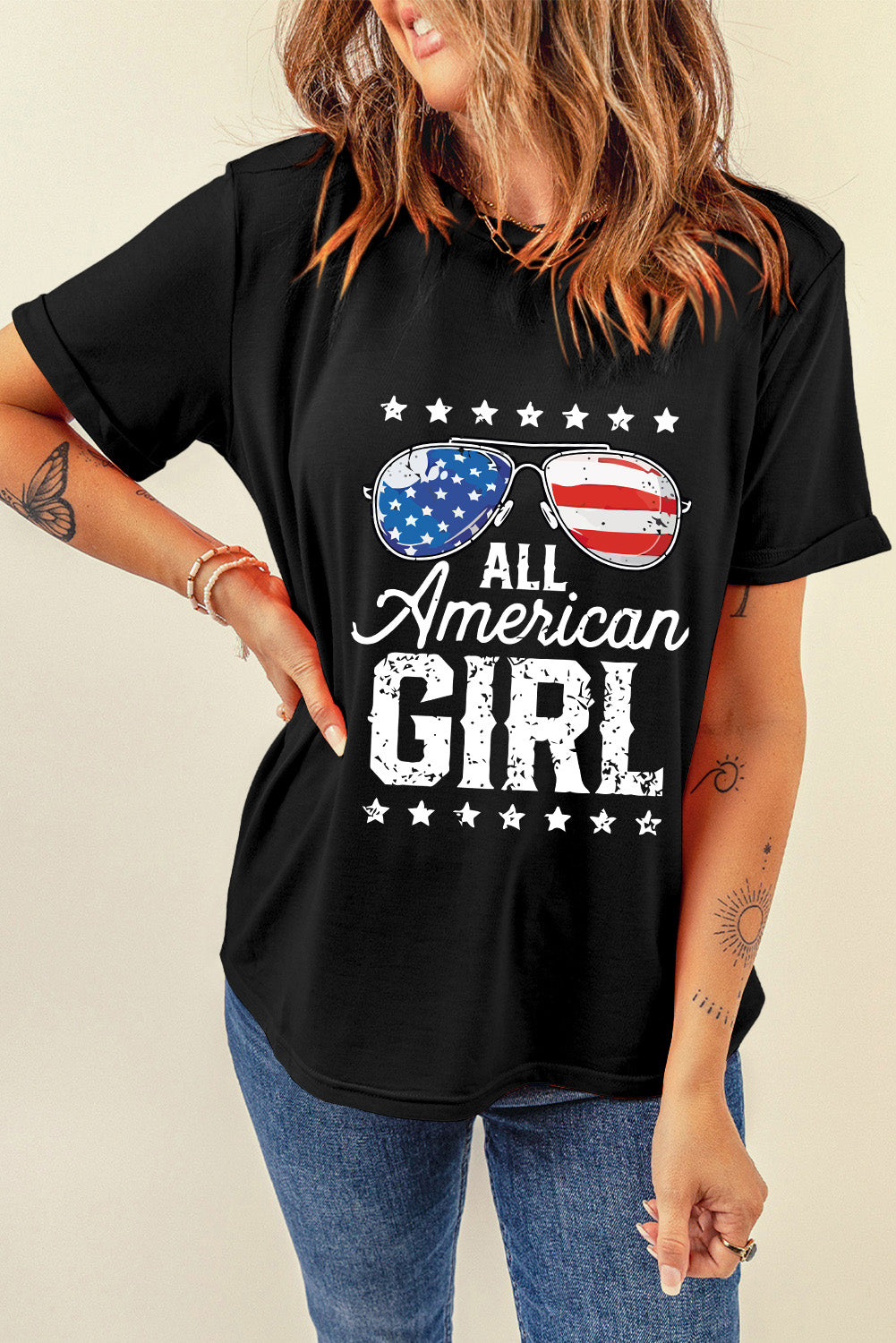 Stars And Stripes Glasses Slogan Graphic T Shirt | Black