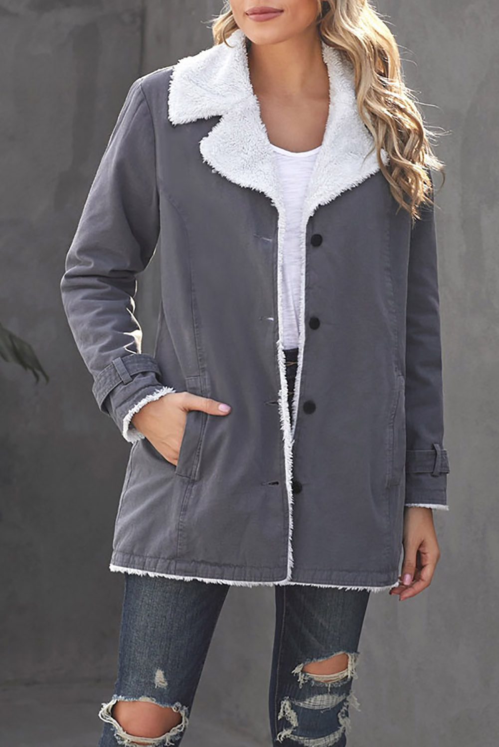 Lapel Collar Button Fleece Jacket | Gray