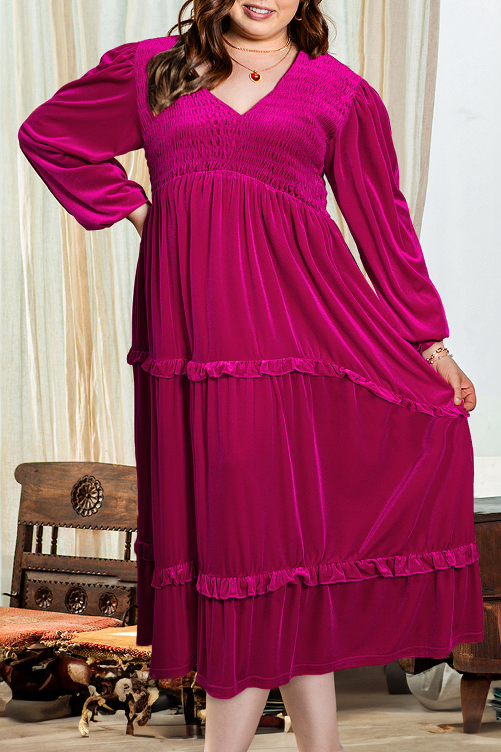 Shirred V Neck Tiered Ruffled Velvet Plus Size Maxi Dress | Rose Red