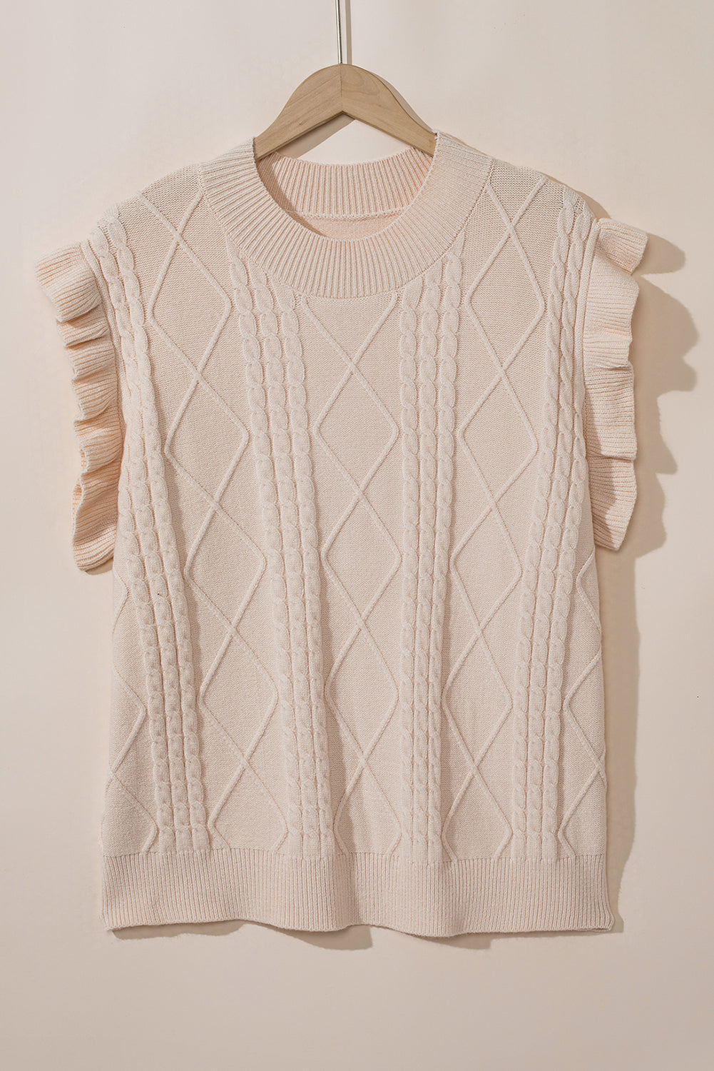 Plus Cable Knit Short Ruffled Sleeve Mock Neck Sweater | Oatmeal