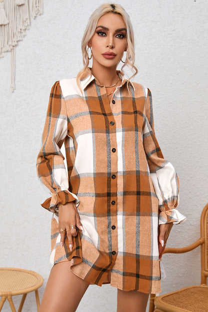 Plaid Pattern Collared Neck Ruffled Sleeve Shirt Dress | Khaki