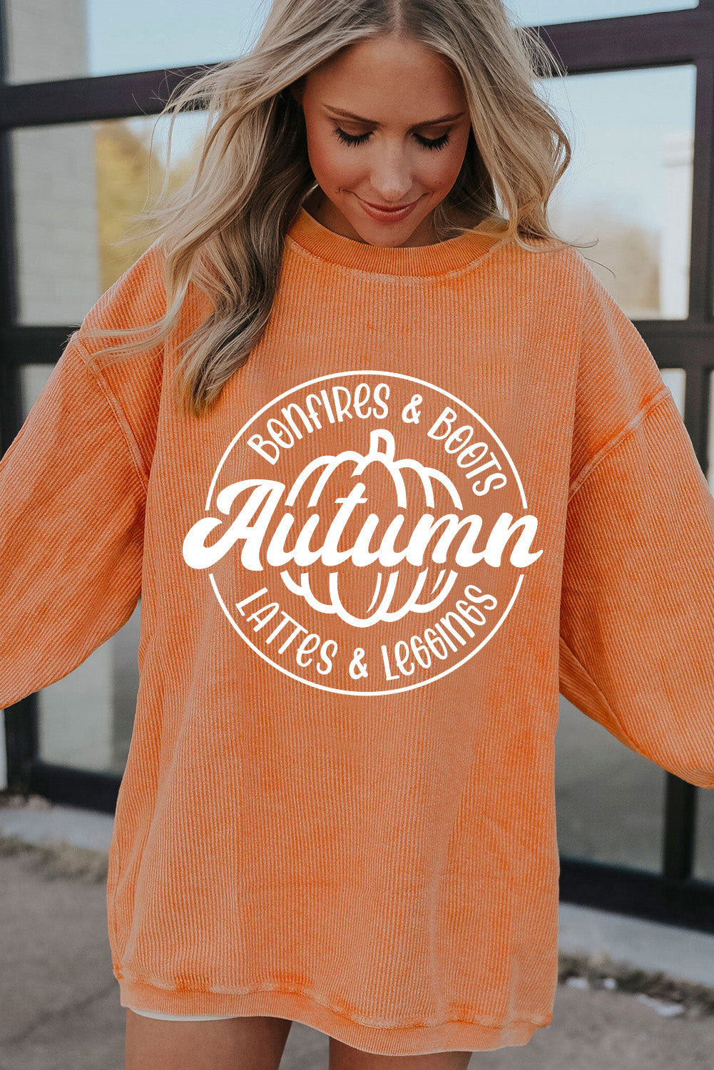 Autumn Pumpkin Graphic Print Corded Oversized Sweatshirt | Orange