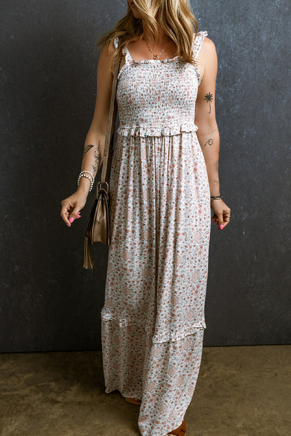 Lace Frilly Straps Shirred Floral Maxi Dress | White