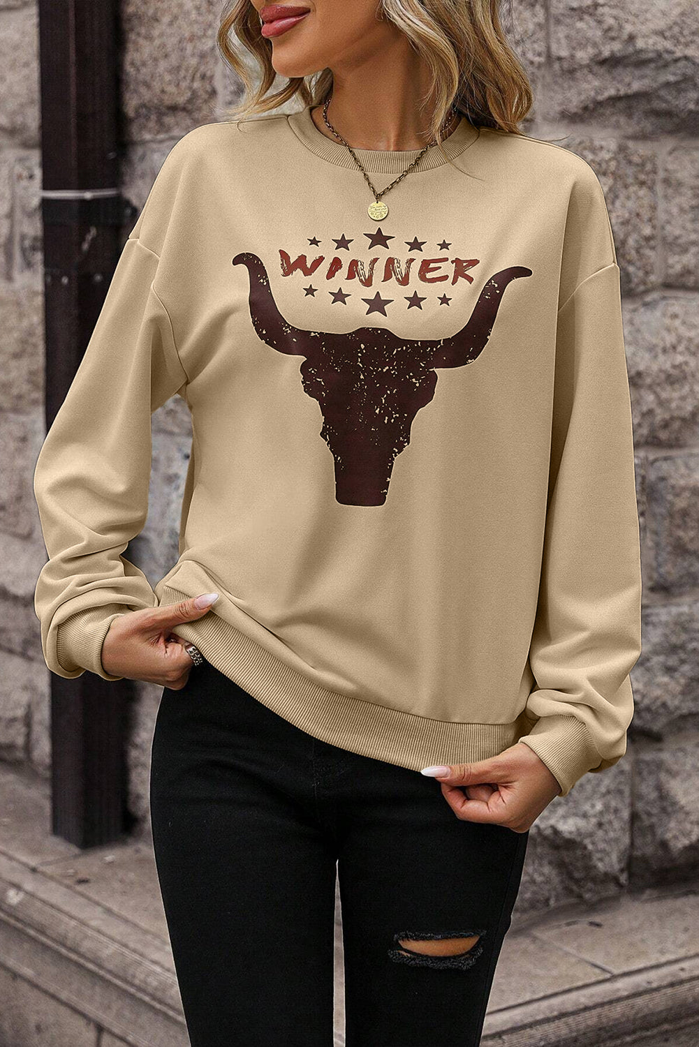 Winner Steer Head Graphic Sweatshirt | Khaki