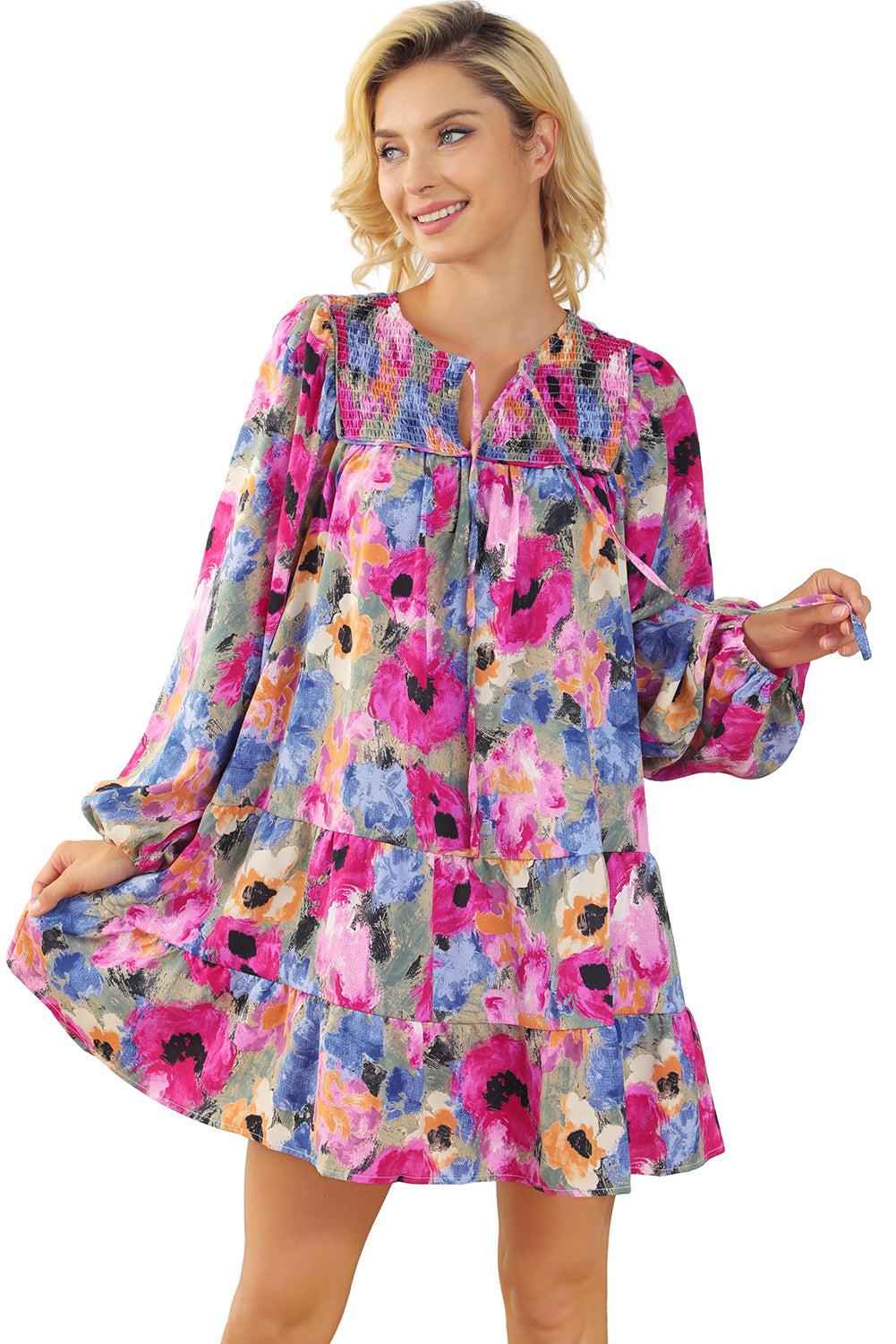 Floral Tie Neck Bubble Sleeve Shift Dress | Multicolour