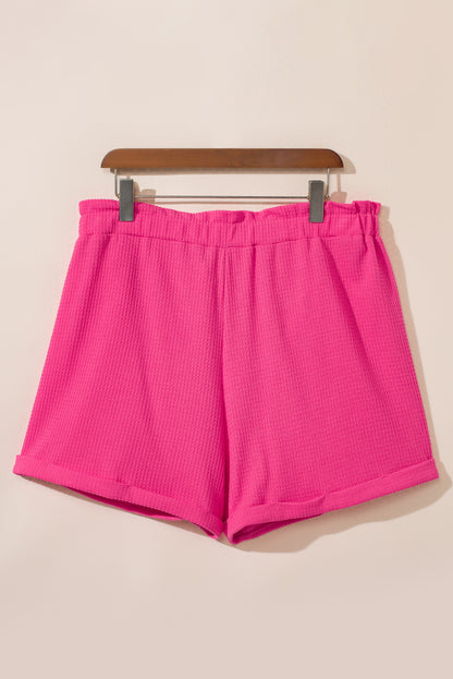 Plus Size Rolled Edge Ruffled Elastic Waist Textured Shorts | Bright Pink