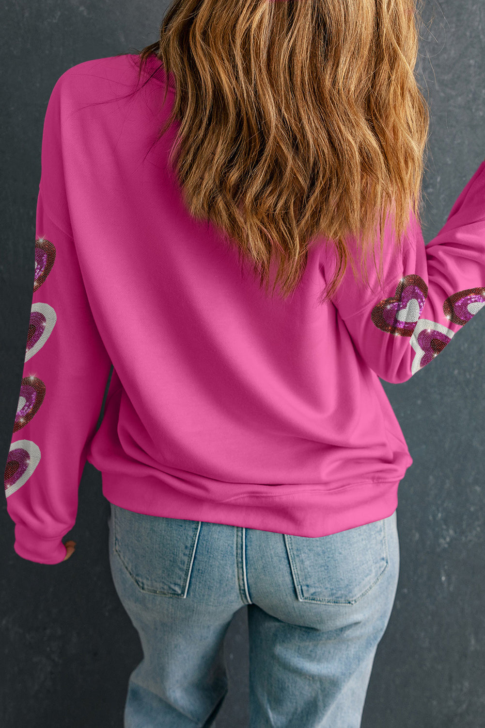 Sequined Heart Patched Drop Shoulder Valentines Sweatshirt | Bonbon