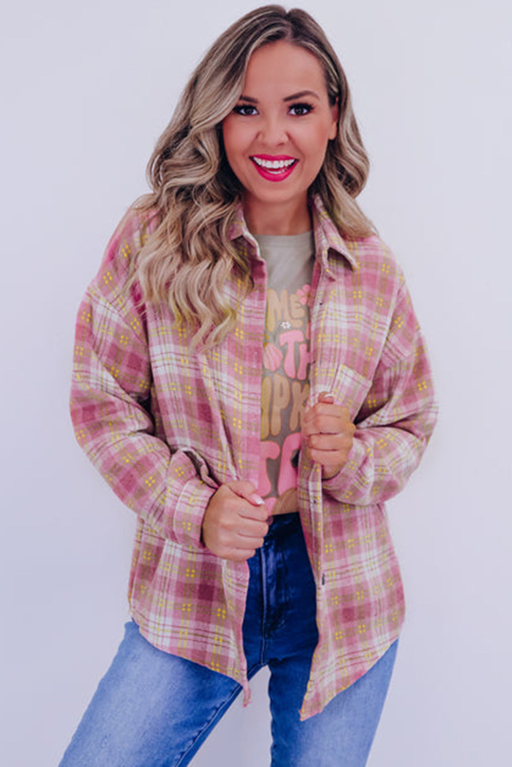 Plaid Print Chest Pocket Long Sleeve Shacket | Pink