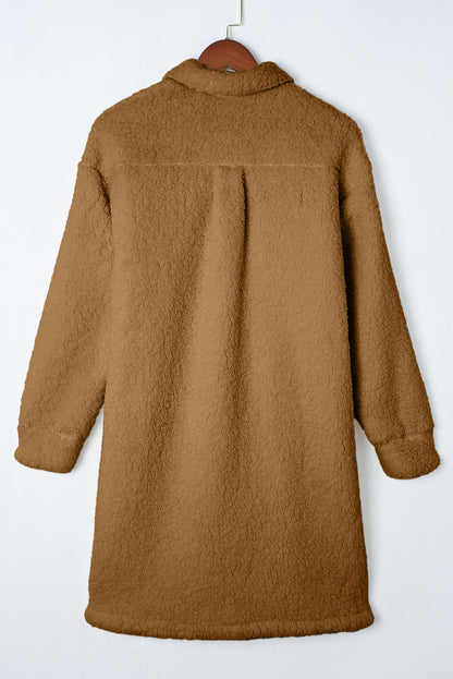 Contrast Flap Pocket Single Breasted Teddy Coat | Khaki