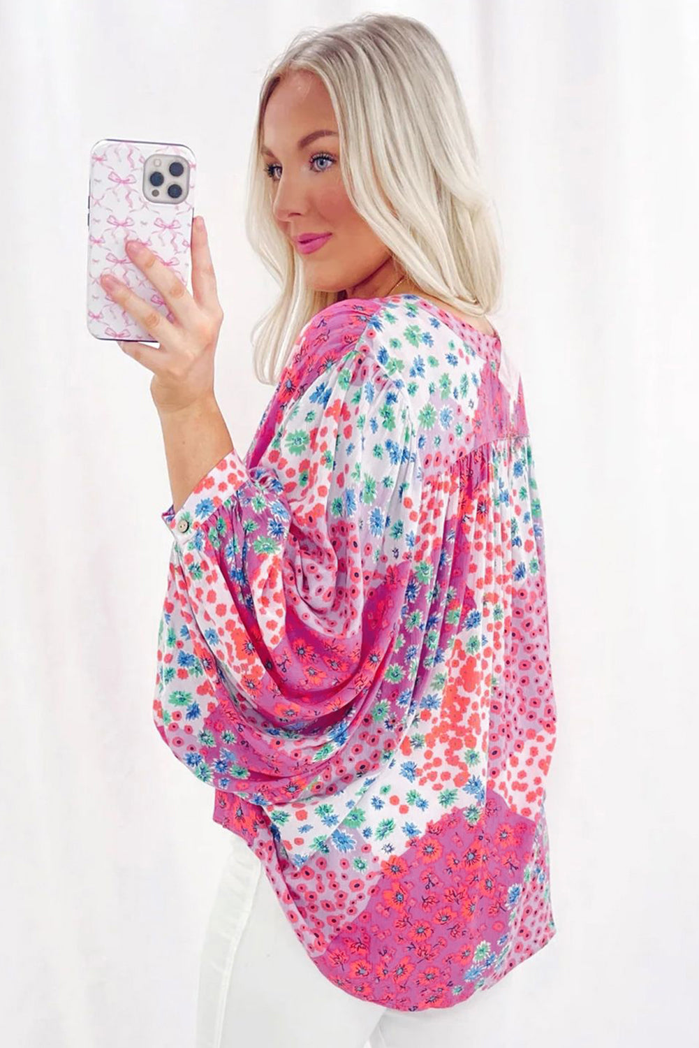 Floral Allover Print Buttoned V Neck Oversized Shirt | Rose Red