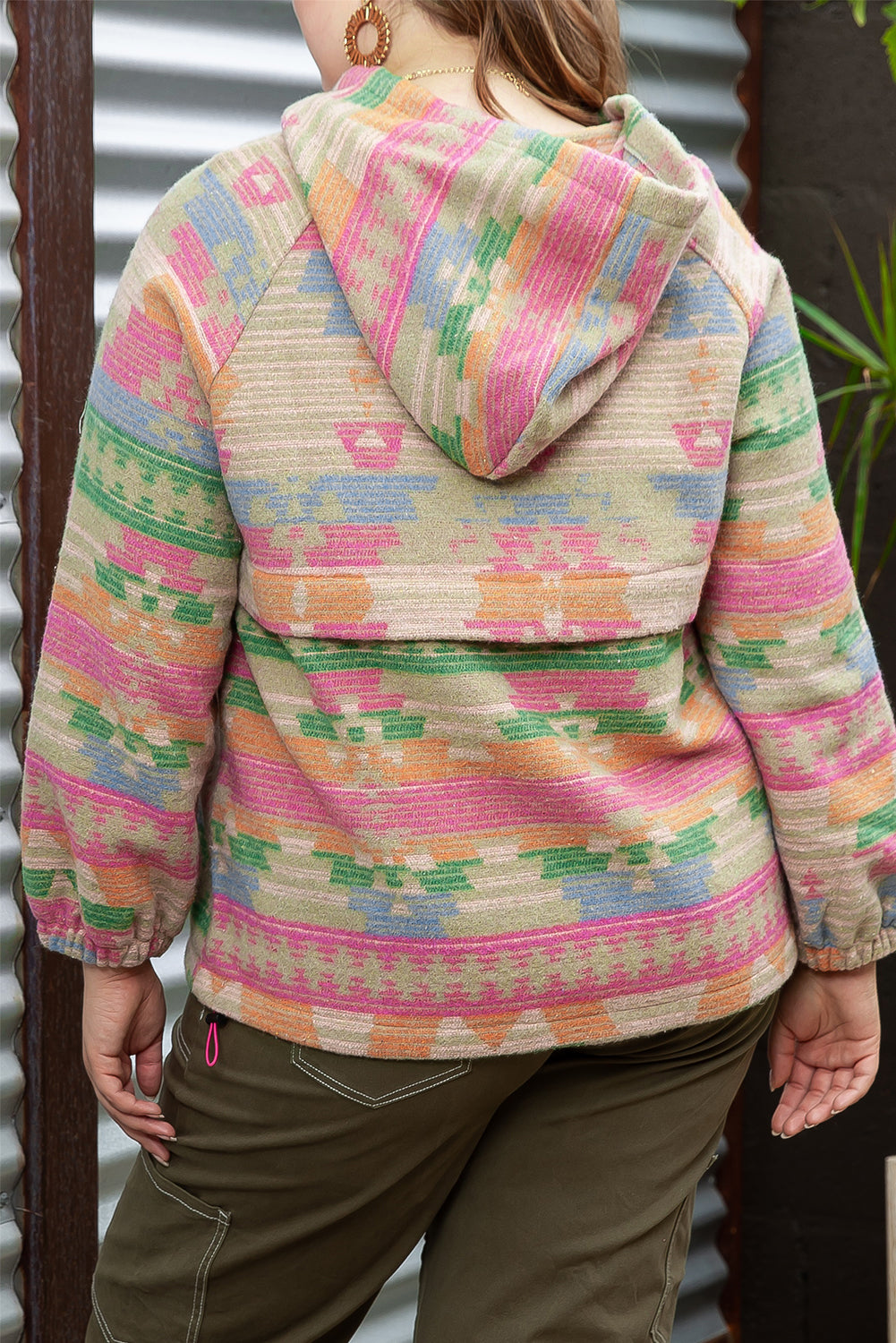 Plus Size Western Aztec Geometric Pattern Zip Up Hoodie | Multicolour