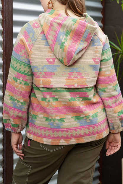 Plus Size Western Aztec Geometric Pattern Zip Up Hoodie | Multicolour