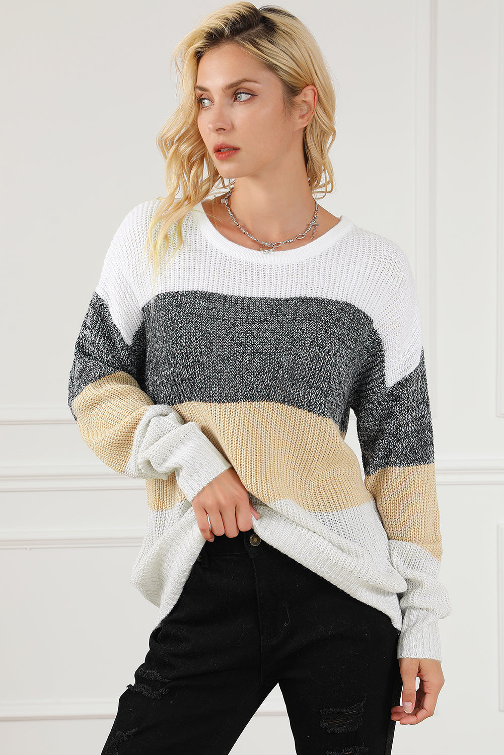 Colour Block Drop Shoulder Knit Sweater | Multicolour